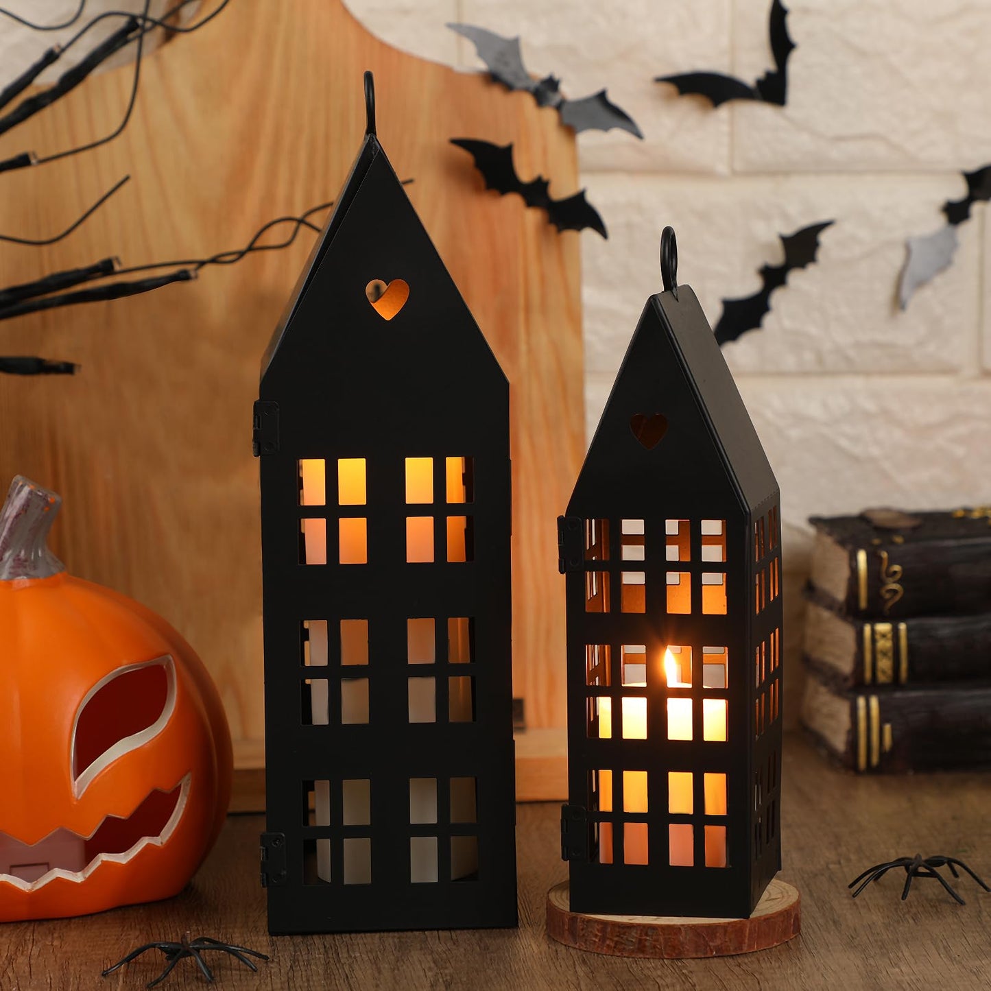 SiliFine 2 Set Christmas Black Houses Decor with 2 Pcs Candles Village Metal Modern Farmhouse Lantern Decorative for Christmas, Home, Tabletop, Fireplace Shelf Decor