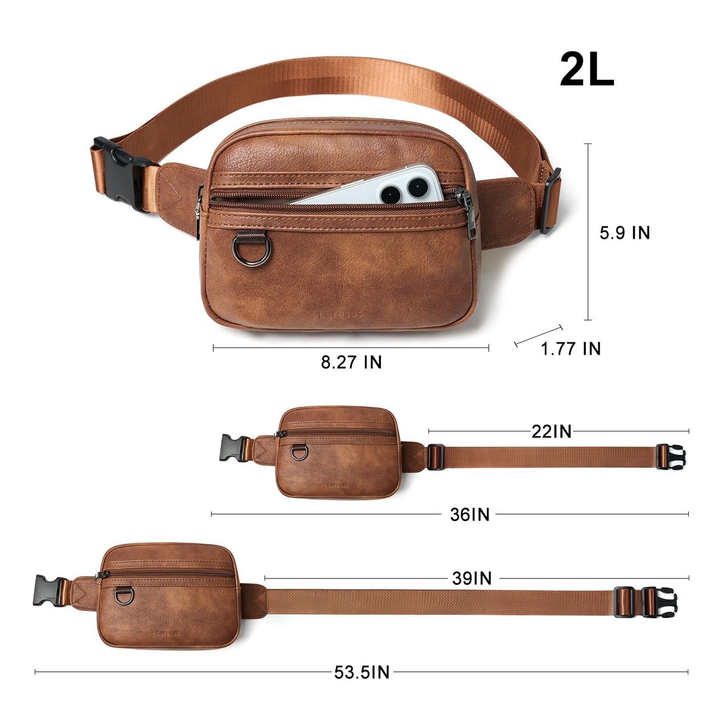 Leresas 2L Fanny Packs for Women Men Everywhere Belt Bag Vegan Leather Chic Waist Pack Crossbody Chest Bag Travel Hiking Brown
