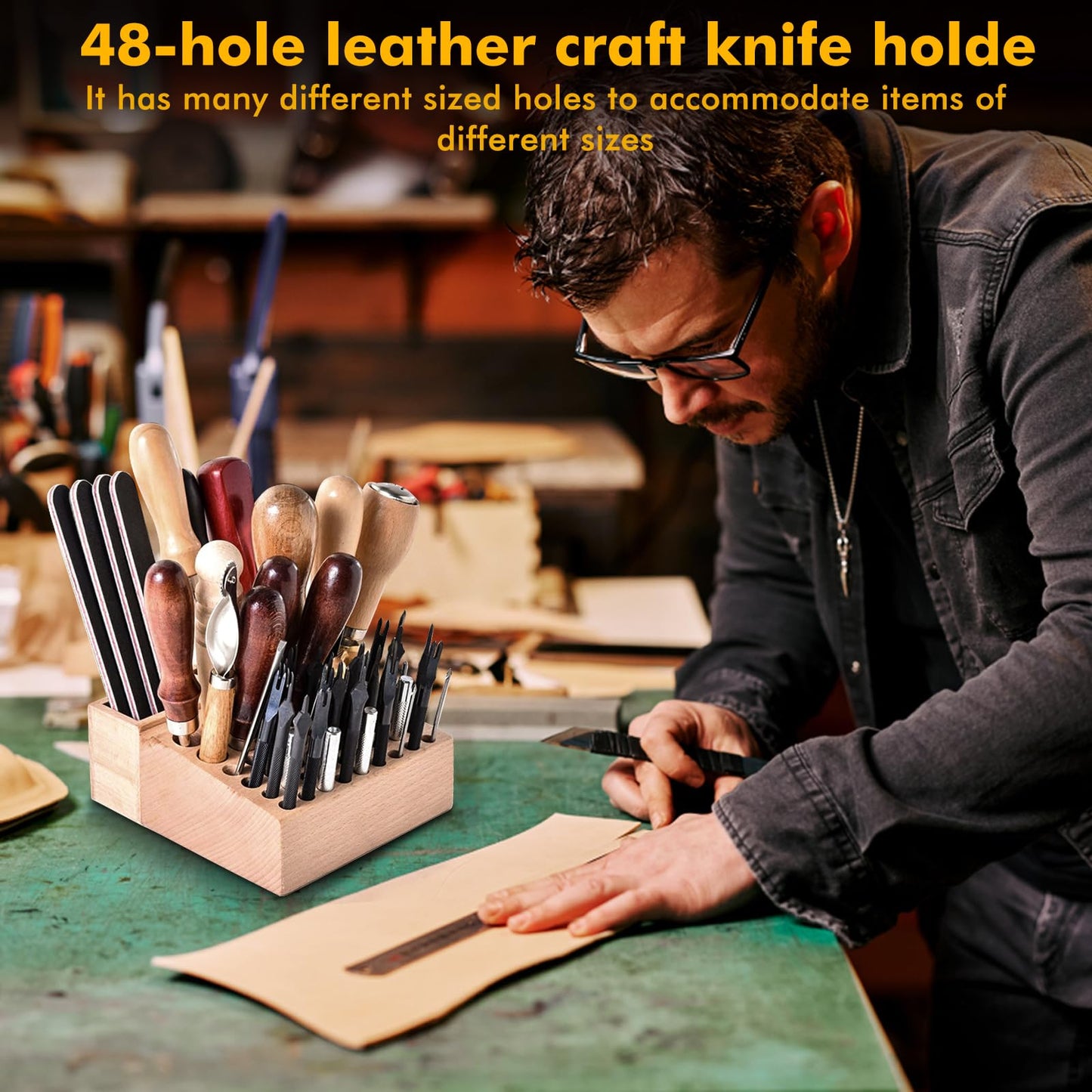 Eatbuy Leather Tool Holder, 48 Holes Wooden Leather Craft Tool Stand with 2 Slots, Solid Beech Rack Stand Organizer, Storage Case for Leathercraft Punch & Styling Tools