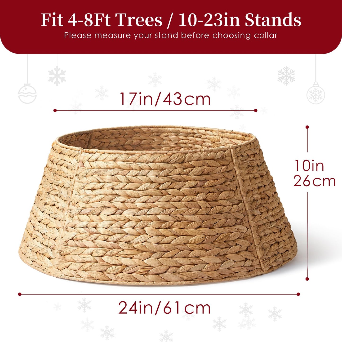 24in Hyacinth Christmas Tree Collar - Woven Rattan Basket for Christmas Tree Base Cover, Holiday Decoration for 4ft 6ft 7.5ft Artificial Trees with Cord Cut-Out(Natural)