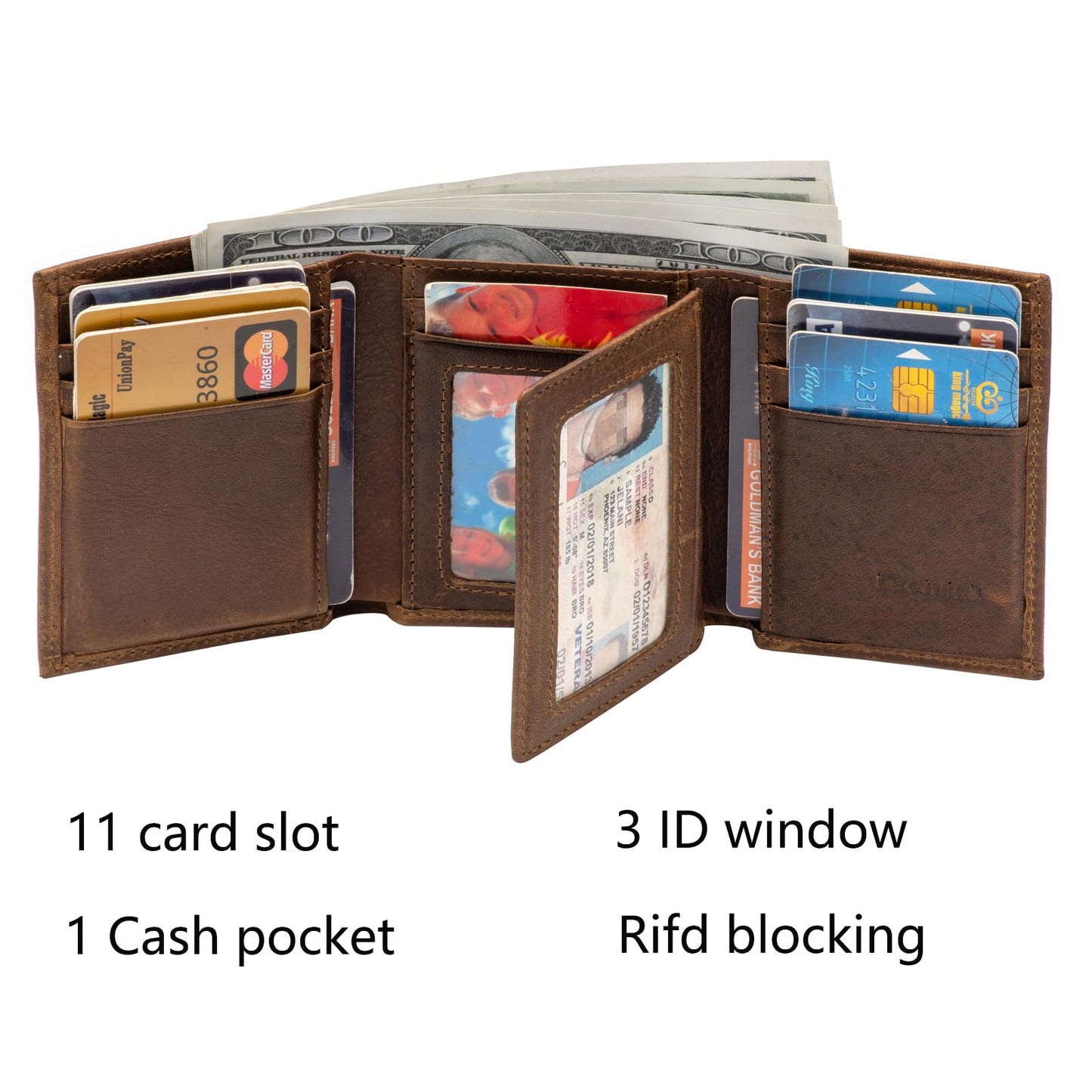 Mens Leather Wallet，Mens Trifold Wallet Rfid Blocking Genuine Leather Wallet For Men（ brown)