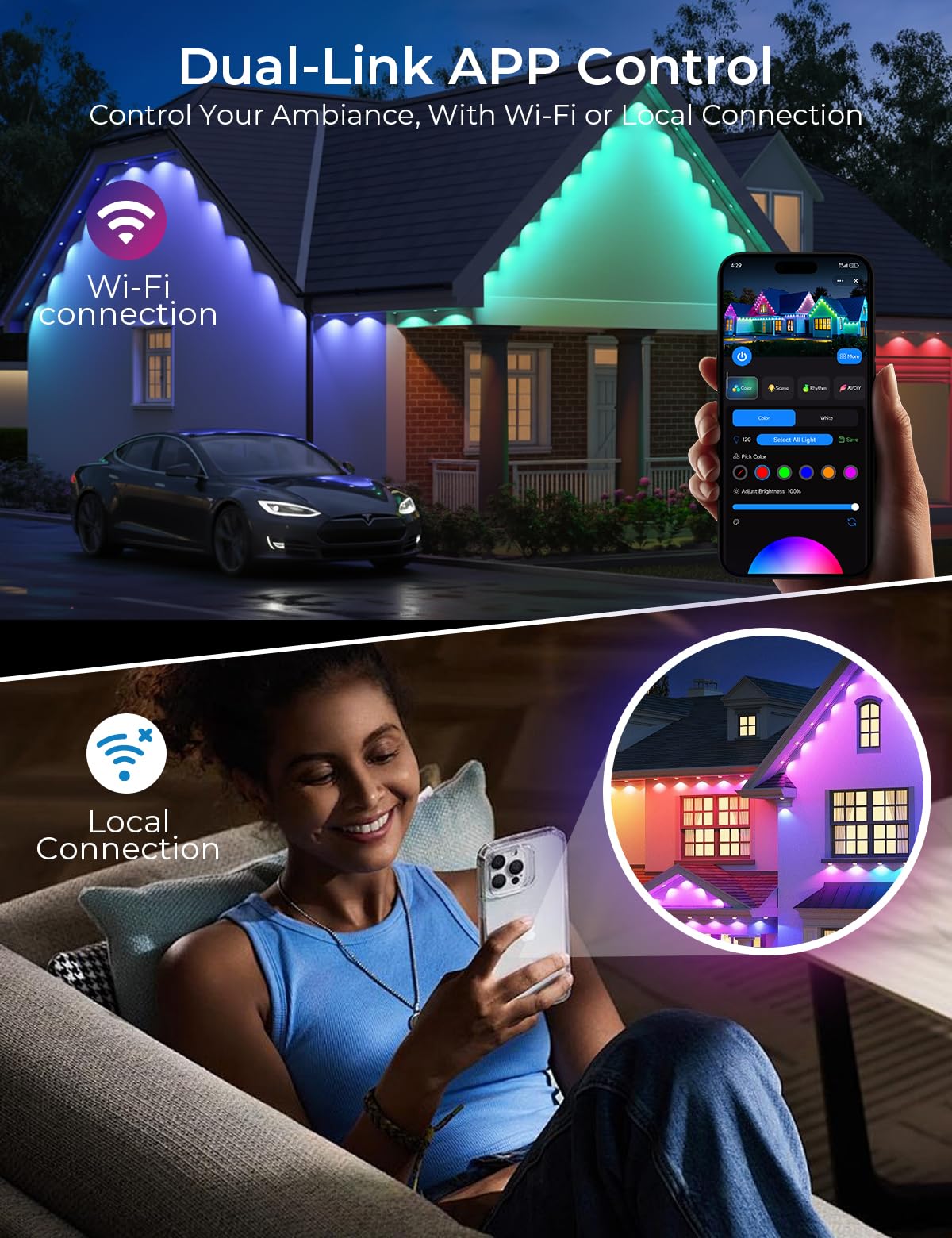 SMAVISTA Smart Permanent Outdoor Lights Pro, 50ft 30LED RGB+IC+Warm/Cool White for Daily, 100+ Scene Modes, Waterproof Eaves Light for Halloween Christmas Decor, Works with Alexa, Google Assistant