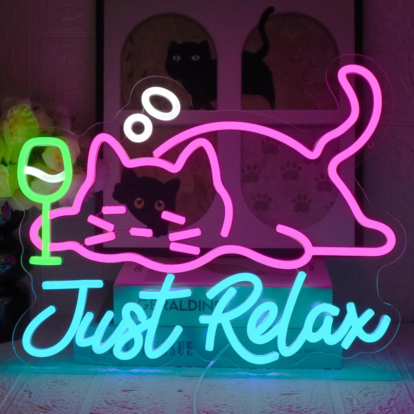 UExnkj-Y Cat Beer Neon Sign, Just Relax Neon Signs for Wall Decor, USB Dimmable Pink Cat Bar Light Up Sign for Pet Lover Bedroom Bar Birthday Party Game Room Man Cave Home Decor