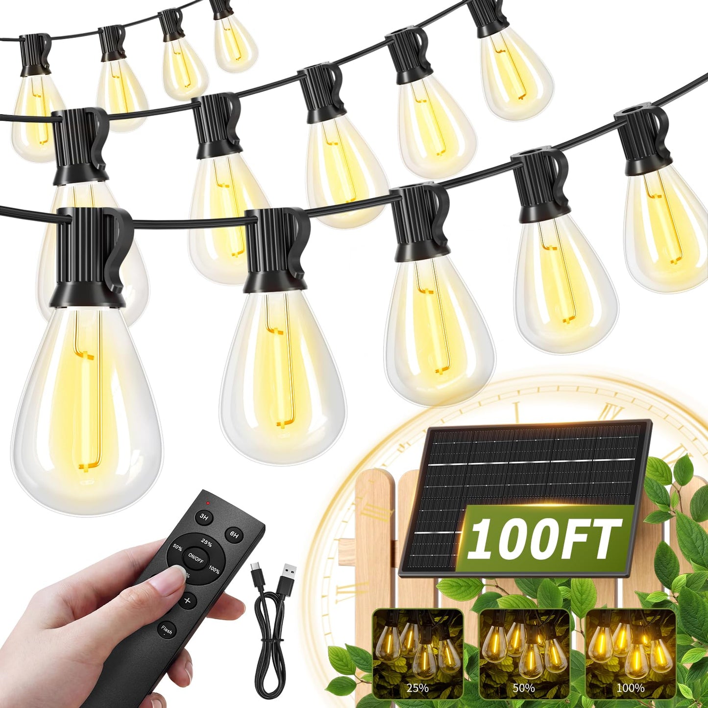 Amzrap 100FT Solar String Lights Outdoor Waterproof, 35+1 LED Shatterproof Bulbs Solar Powered with Remote & USB Port, 3 Light Modes Dimmable Patio Lights for Backyard, Garden, Camping