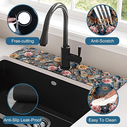 Gold Butterfly Kitchen Sink Splash Guard Faucet Mat Pink Floral Super Absorbent