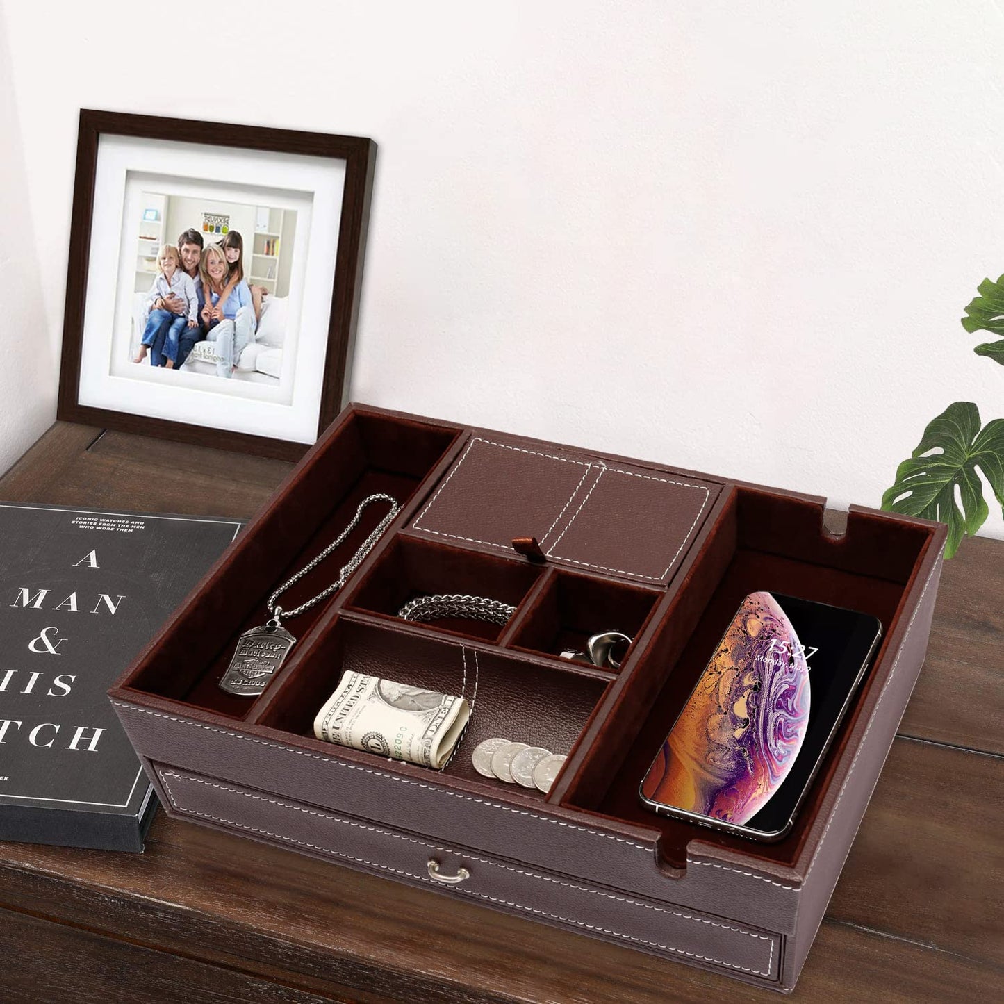 Baoyun Valet Tray for Men, 2 Layers Nightstand Organizers for Men and Women, Leather Jewelry Storage Box, Mens Dresser Top Organizer, Catch All for Jewelry Key Wallet and Phone (Brown)