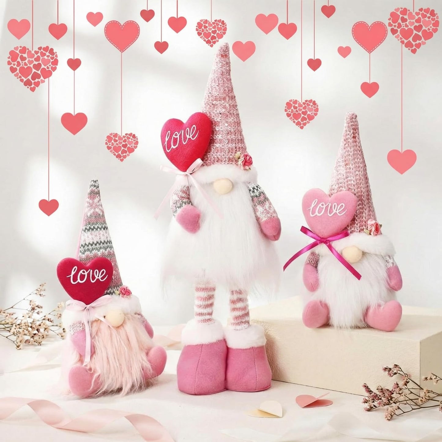 Sumind 3 Pcs Valentines Day Gnome Decorations Valentines Gnome Plush with Hearts Pink Handmade Gifts with Long Legs Table Tired Tray Decor Romantic Date Engagement Gift for Her Him