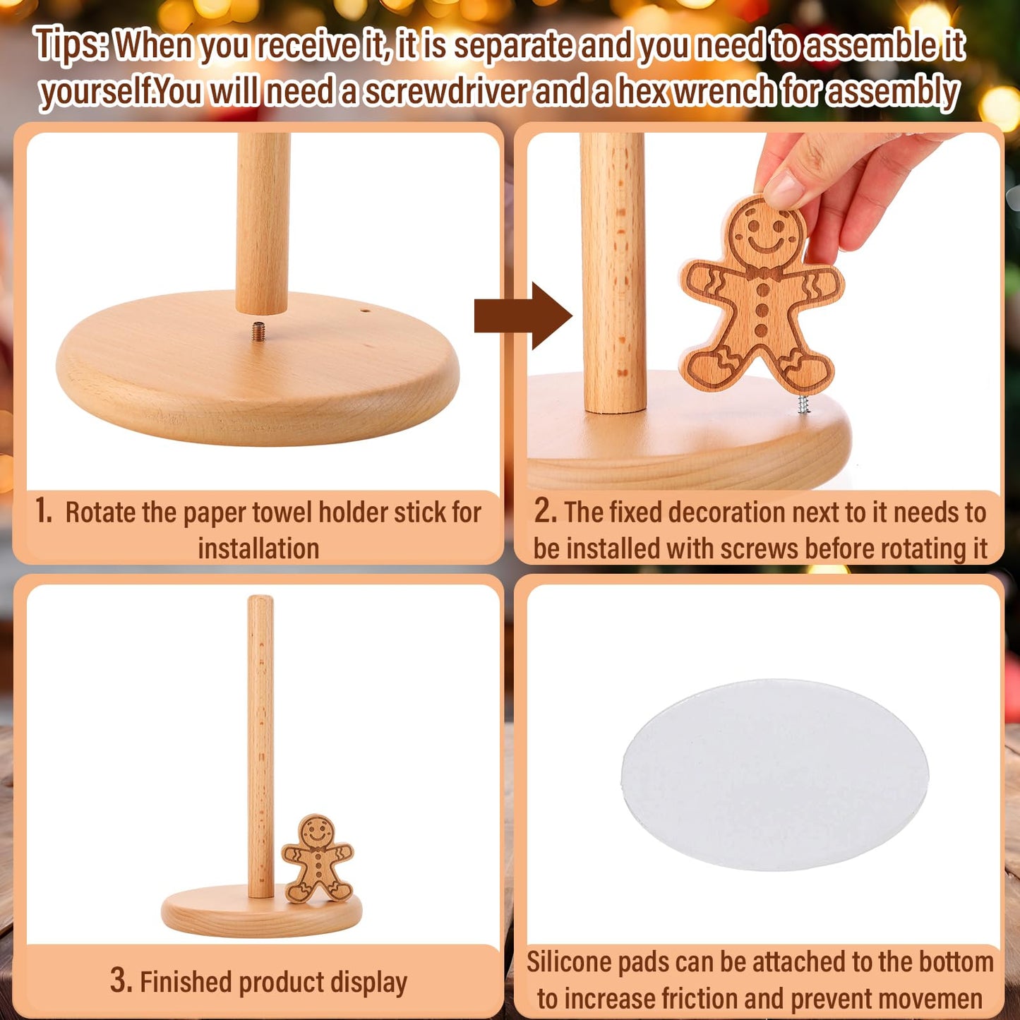 BrightRow Christmas Farmhouse Paper Towel Holder Wooden Decorative Paper Towel Holder Countertop Cute Decorative Rustic Kitchen Storage Gift for Xmas Home Bathroom Party(Gingerbread Man)