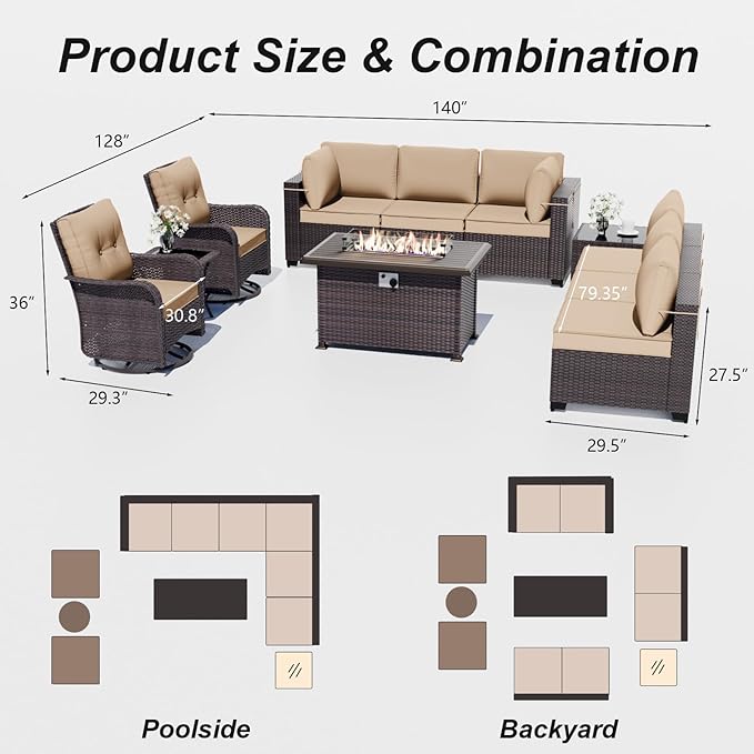 ALAULM 11 Pieces Patio Furniture Set with 2 Swivel Chairs Patio Furniture Outdoor Sectional Sofas with 55000 Gas Fire Pit Patio Conversation Set w/8 Cushions-Sand