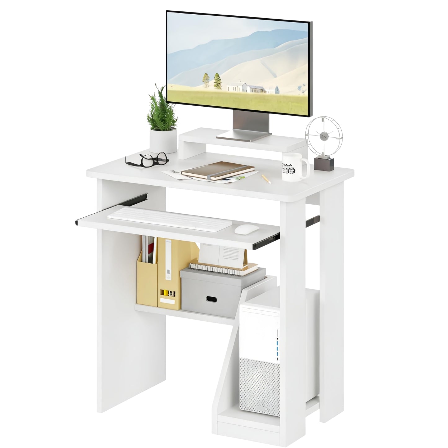 ALISENED 30" Small Computer Desk with Keyboard Tray Monitor Stand, Study Writing Desk with Storage Shelves, Modern Workstation for Small Spaces, Save Space, White
