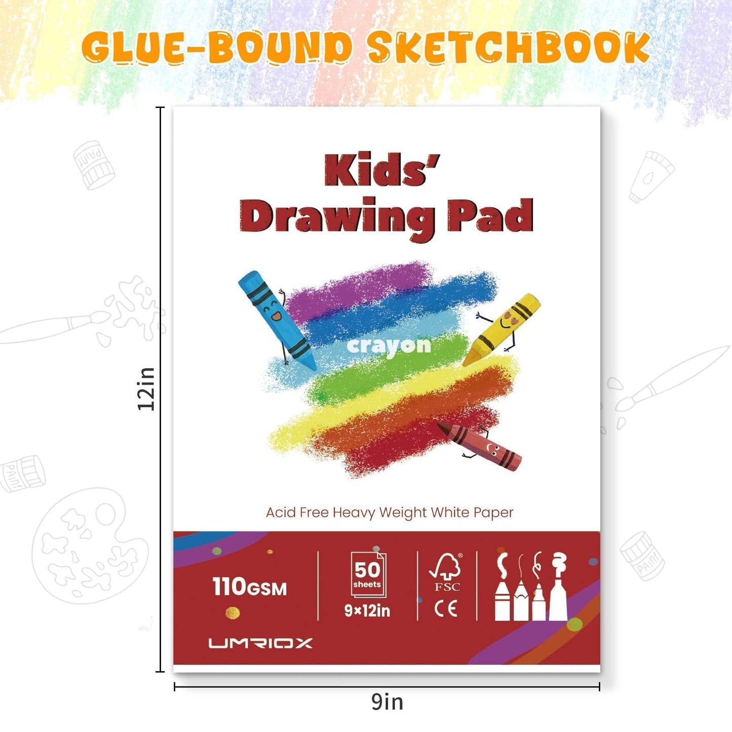 Umriox Drawing Pad for Kids, 9" x 12" Sketch Book, 4-Pack Sketch Pad (50 Sheets Each), 110gsm Acid-Free Drawing Paper, Glue-Bound Art Sketchbook for Kids' Classroom, Travel & School Art Supplies