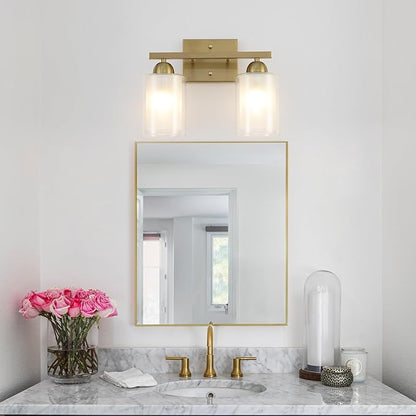 Stainless Steel Bathroom Vanity Light Over Mirror, 2 Light Brushed Gold Bathroom Light Fixtures with Milk Glass and Clear Glass Shades, Modern Vanity Lighting Wall Mount