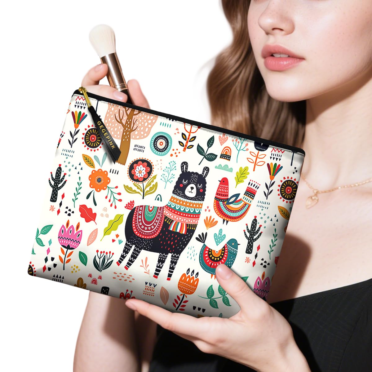 GEGEPINK Cute Makeup Bag for Purse Waterproof Cosmetic Bags for Women Funny Smooth Zipper Travel Toiletry Pouch 10X8 Inches-Creamy Alpaca Makeup pouch