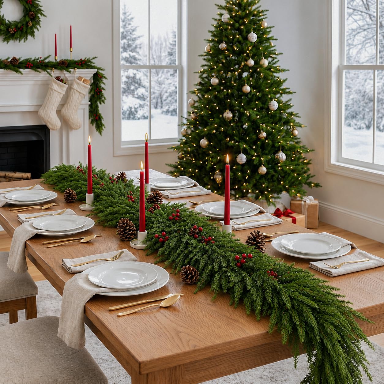 FesNiva 1 Pack Artificial Norfolk Pine Garland, Winter Greenery Garland for Christmas Decorations, Ideal for Mantle, Table, Fireplace, Home and Holiday Decor (5.6 FT)