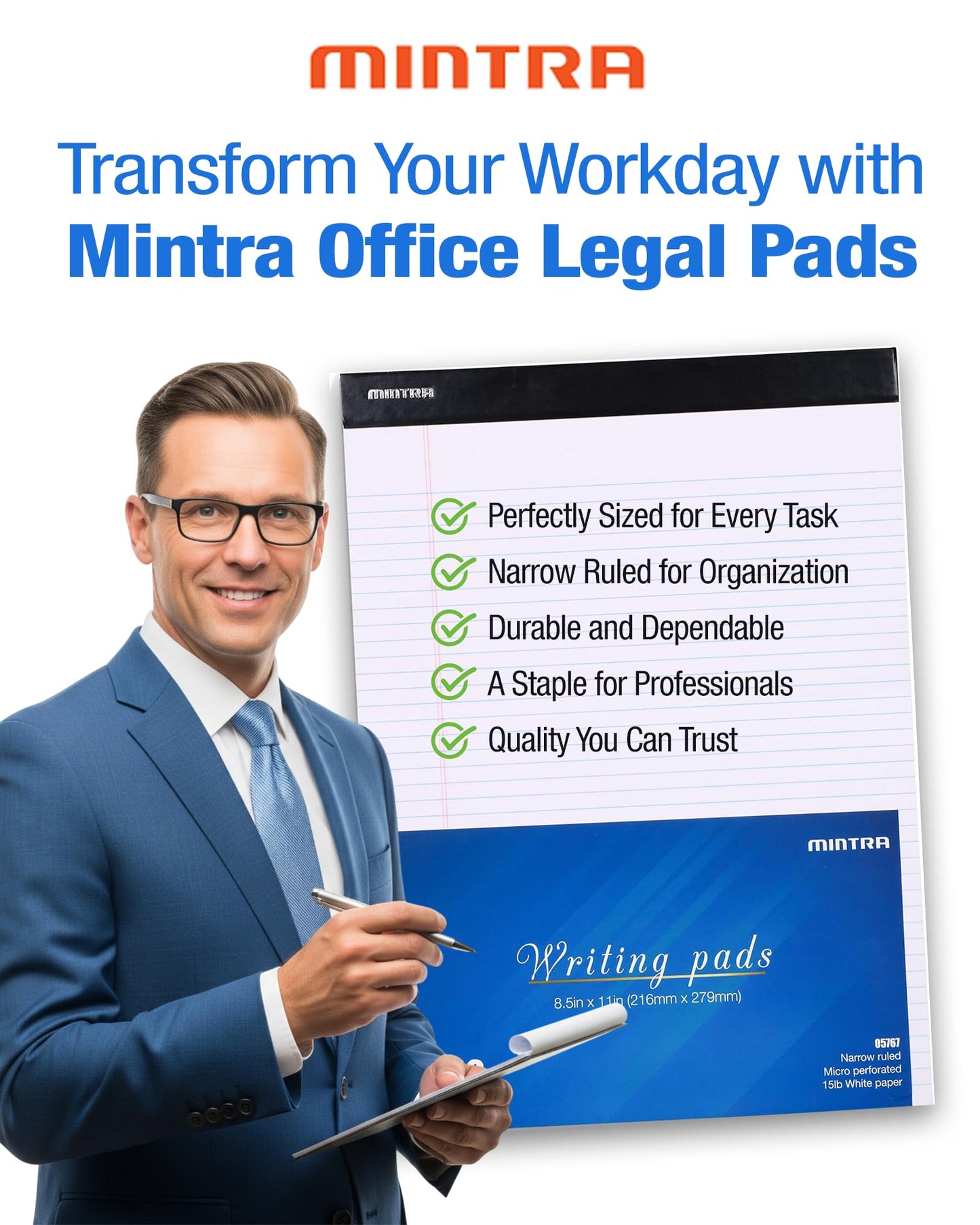 Mintra Office White Legal Pads – Ruled Notepads and Micro-Perforated Sheets, Ideal for Writing, Note-Taking & Creativity, Office, or Professional Use, Basic Pad 6 pack, 8.5"x11" (Narrow Ruled)