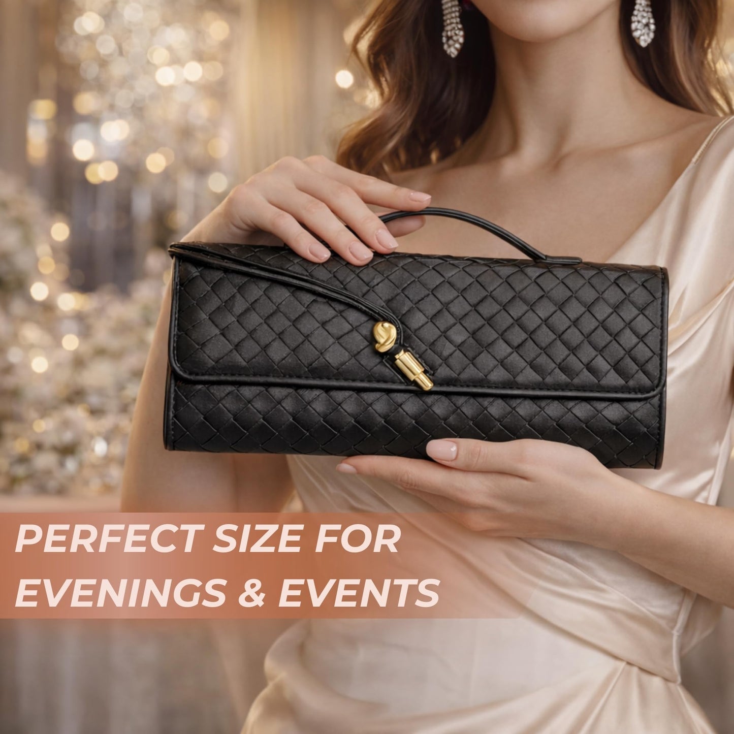 BEGONICA Woven Evening Clutch Purse for Women - Soft Vegan Leather Crossbody Bag - Small Black Evening Bag - Elegant Shoulder Handbag for Weddings & Parties