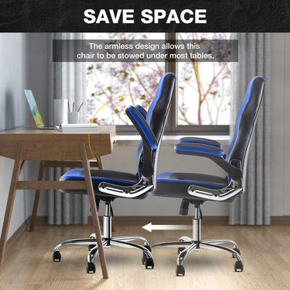 OLIXIS Ergonomic Gaming Office Chair - PU Leather Executive Swivel Computer Desk Chair with Flip-up Armrests and Lumbar Support for Working, Studying, Gaming, Grey, Blue (A-95blue)