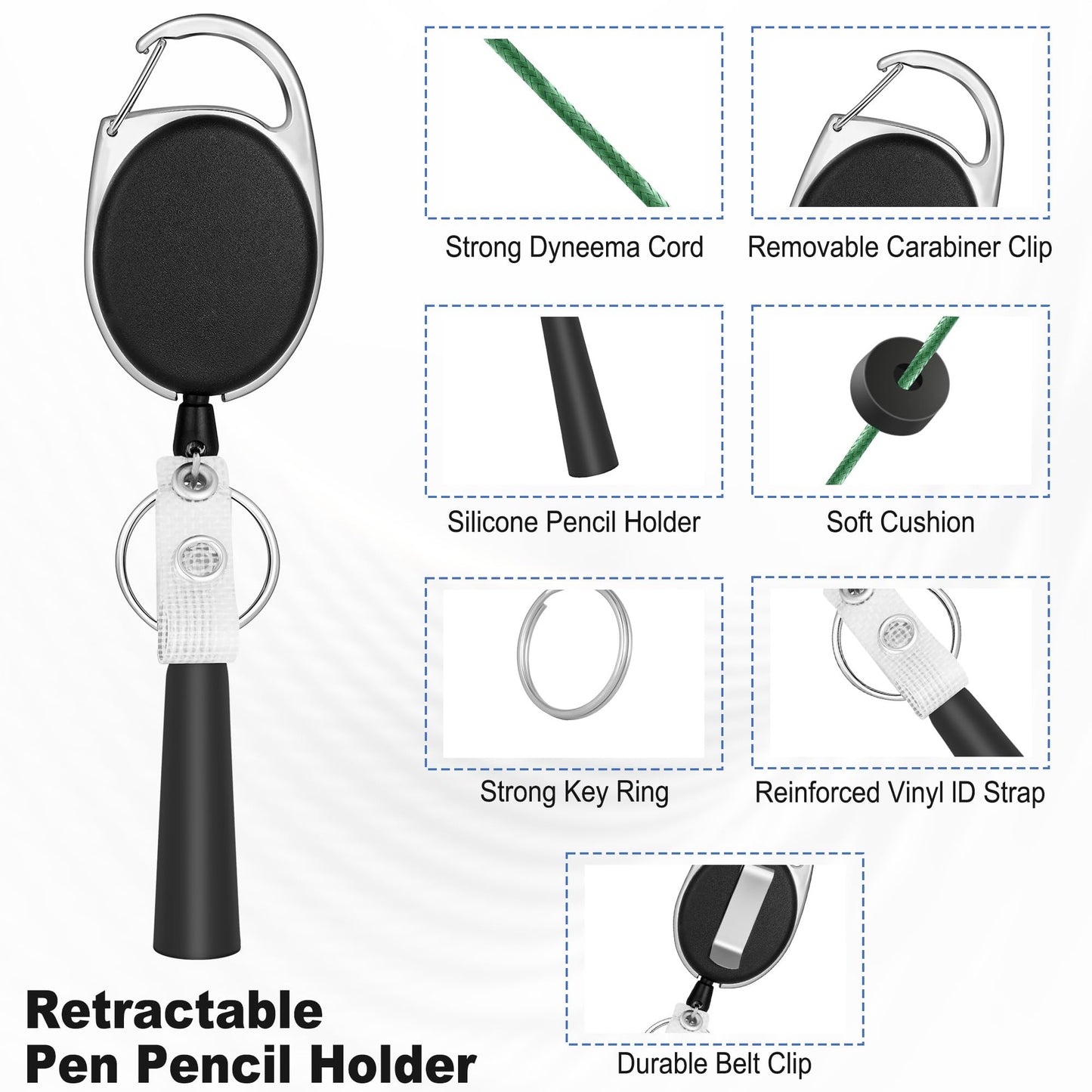 pasezenn 4 Pack Retractable Pen Holder with 31.5" Dyneema Cord, Elastic Silicone Retractable Pencil Holder Ideal for Carpenters,Nurses, Mechanics, Architects, Office Workers