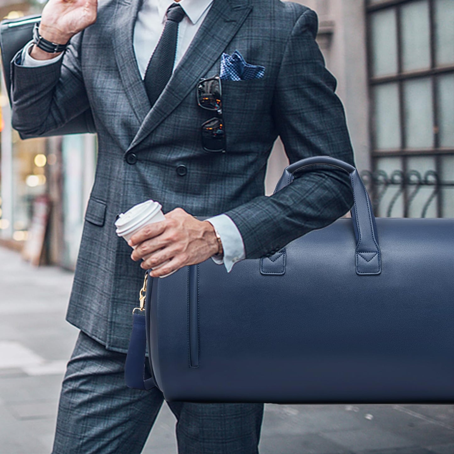 Leather Garment Bag，Convertible Garment Duffel Bag for Travel Mens Suit Bag 2 in 1 Waterproof Foldable Carry on Garment bag with Shoulder Strap Weekender Bag with Shoe Pouch