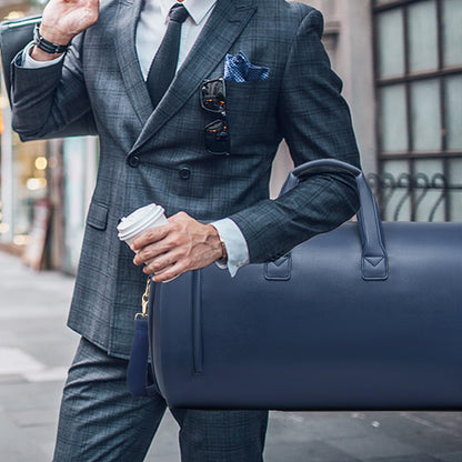 Leather Garment Bag，Convertible Garment Duffel Bag for Travel Mens Suit Bag 2 in 1 Waterproof Foldable Carry on Garment bag with Shoulder Strap Weekender Bag with Shoe Pouch
