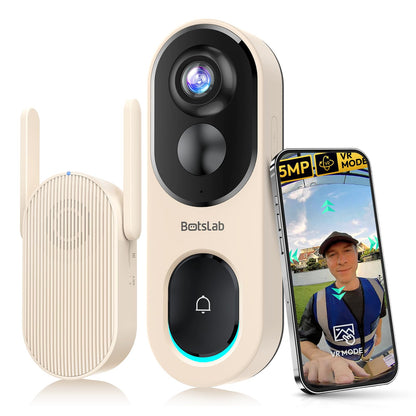 BOTSLAB Doorbell Camera Wireless, 5MP Video Doorbell with Homebase, 180°Panoramic View, No Monthly Fee, 2.4 GHz WiFi, AI Motion Detection, VR Mode