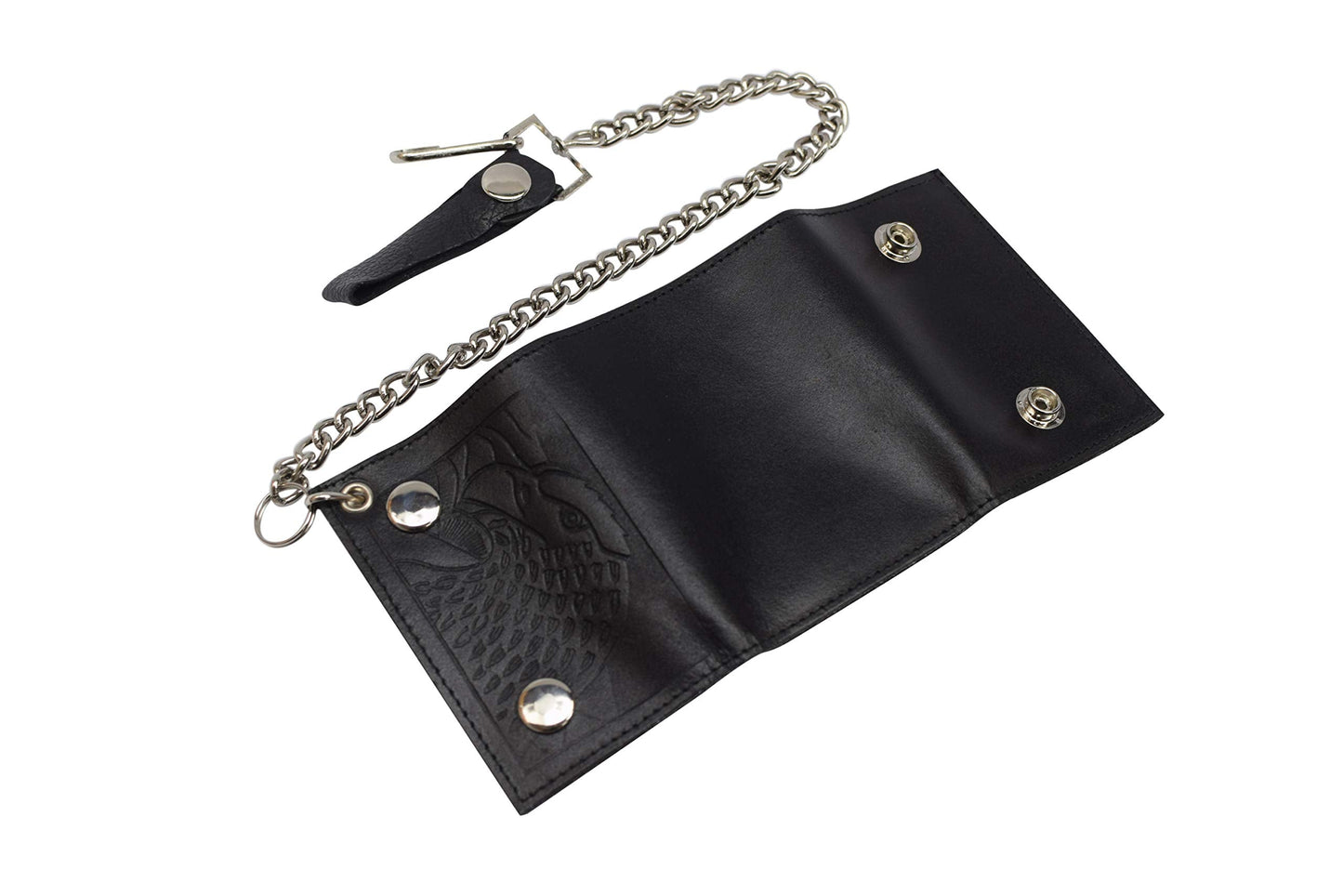 MARSHAL Men's Genuine Leather Black Trifold Wallet with Chain Biker Trucker Motorcycle (Eagle Black)