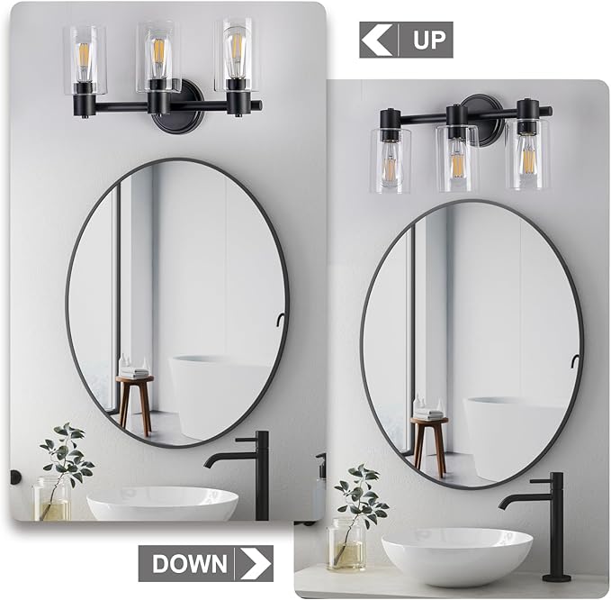 3 Light Bathroom Wall Light Fixtures Black Bathroom Wall Sconce with Clear Glass Lights Over Mirror Vanity Lights E26 Base