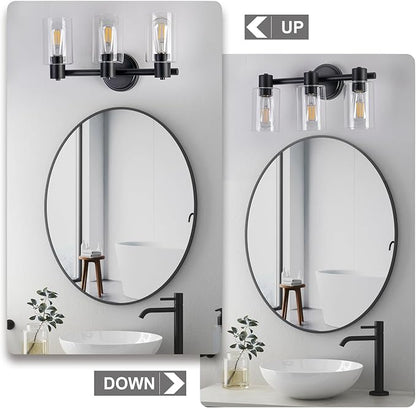 3 Light Bathroom Wall Light Fixtures Black Bathroom Wall Sconce with Clear Glass Lights Over Mirror Vanity Lights E26 Base