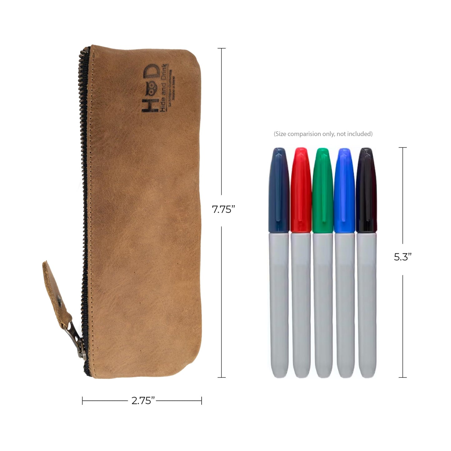 Hide & Drink, Rectangular Pencil Case, Pen & Marker Pouch for Men and Women, Flat Zippered Holder, Classic Style for Artists, Full Grain Leather, Handmade, Single Malt Mahogany