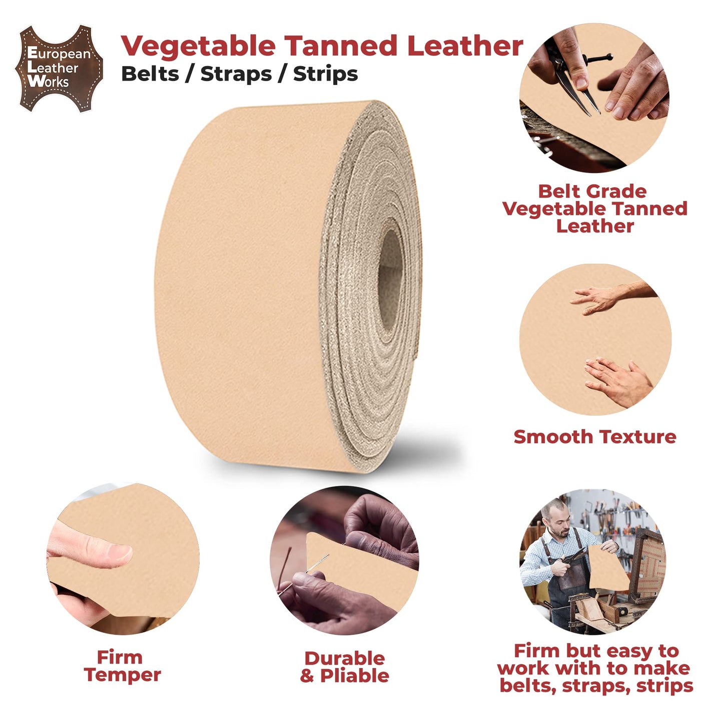 ELW 9-10 oz. (3.6-4 mm) Size: 3”x55” Vegetable Tanned Cowhide Full Grain Import Tooling Leather Belt Blanks, Straps/Strip for DIY & Craft, Harness, Holsters
