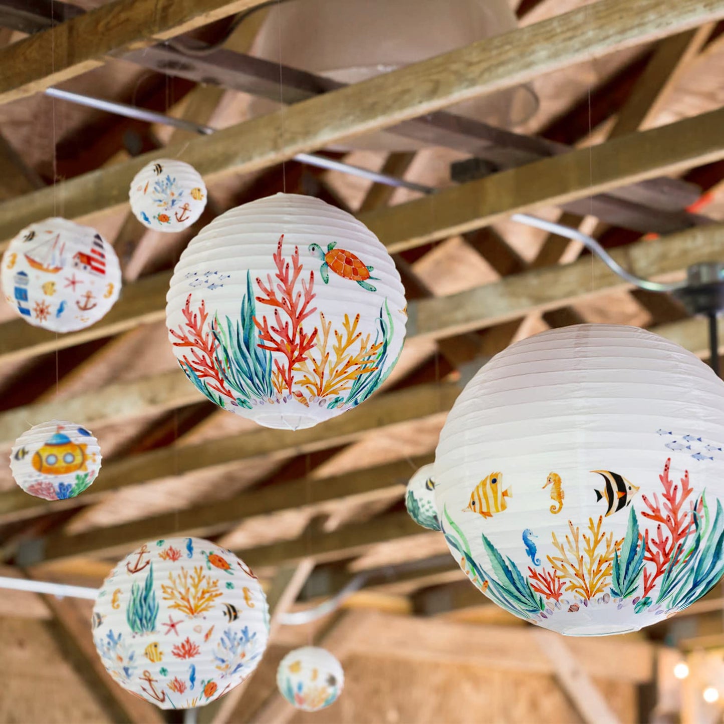 White Hanging Paper Lanterns, Round Chinese Paper Lanterns, Party Wedding Anniversary Decorations, 4 Size - 10 Pieces