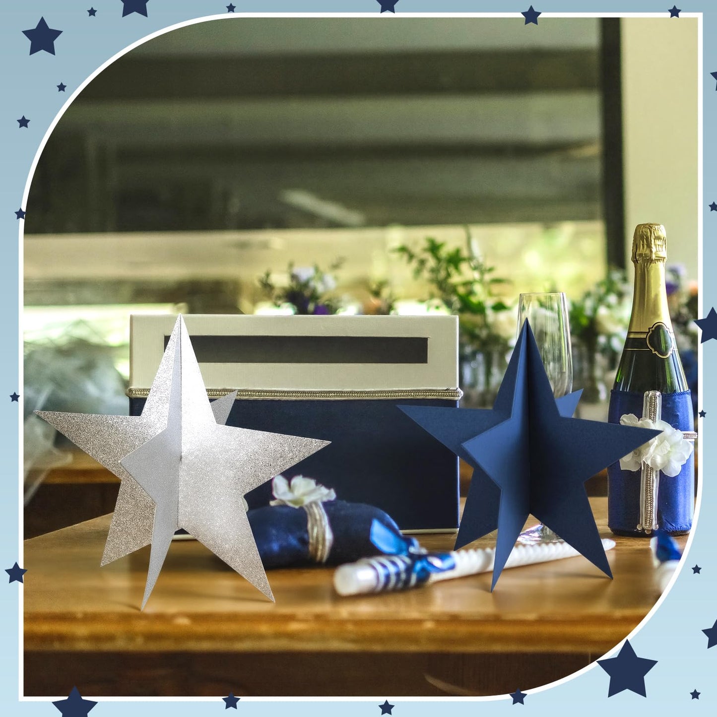 Sinload 18 Pcs Large 3D Glitter Star Decorations Back to School Work Navy Blue Silver Star Centerpiece Standing Hanging Decor for School Centerpiece Starry Movie Night Themed Party Decor
