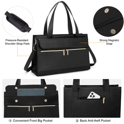 Laptop Bag for Women 15.6 Inch, Professional Tote Briefcase Purse, Eco-friendly Leather Teacher Bag Work Bag for Business(Black)