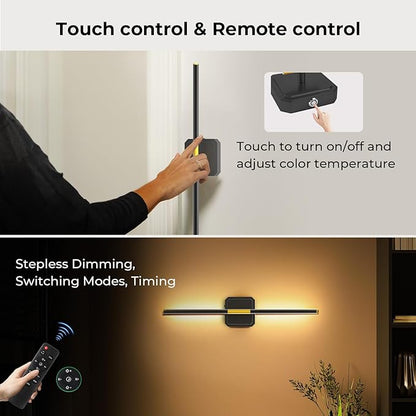 10000mAh Detachable Battery Operated Wall Sconce Set of 2, Wireless Wall Lamp 360°Rotate, 3000-6500K Dimmable, Rechargeable Modern Wall Light for Bedroom, Living Room，28.3" Black Gold