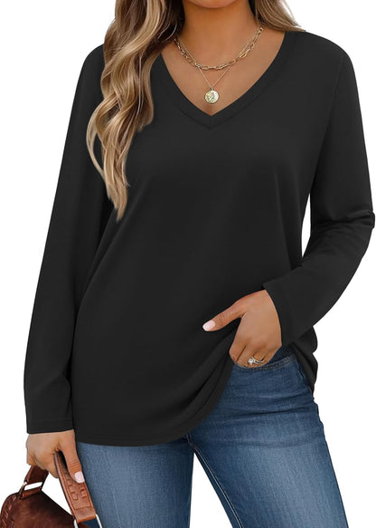 IN'VOLAND Womens Plus Size Long Sleeve Shirts V Neck Basic Tee Tops Loose Fit Fall Outfits for Women 1X-5X