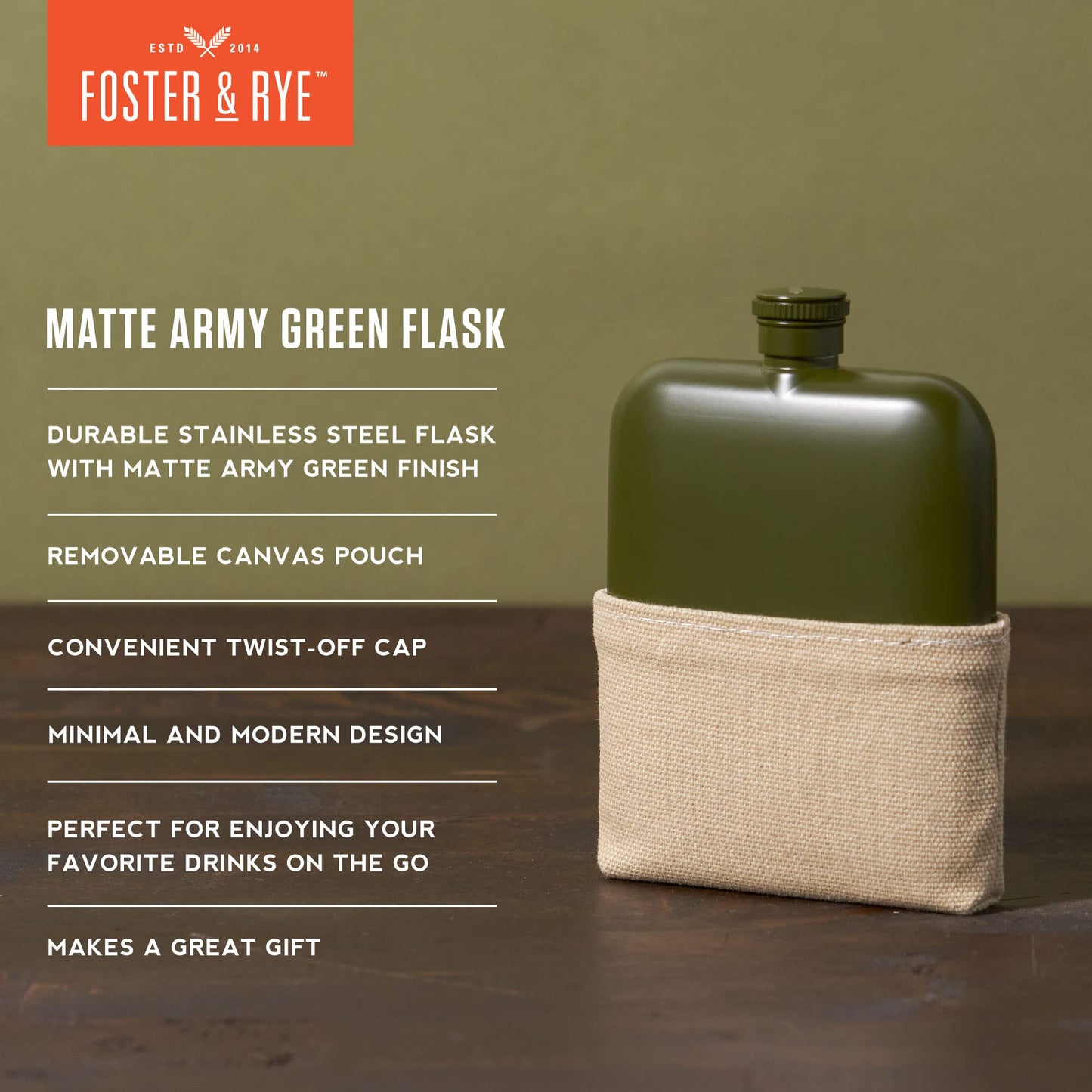 Foster & Rye Flask Whiskey Men-Stainless Steel Alcohol Matte Army Green with Canvas Wrap-6oz Set of 1, 6oz