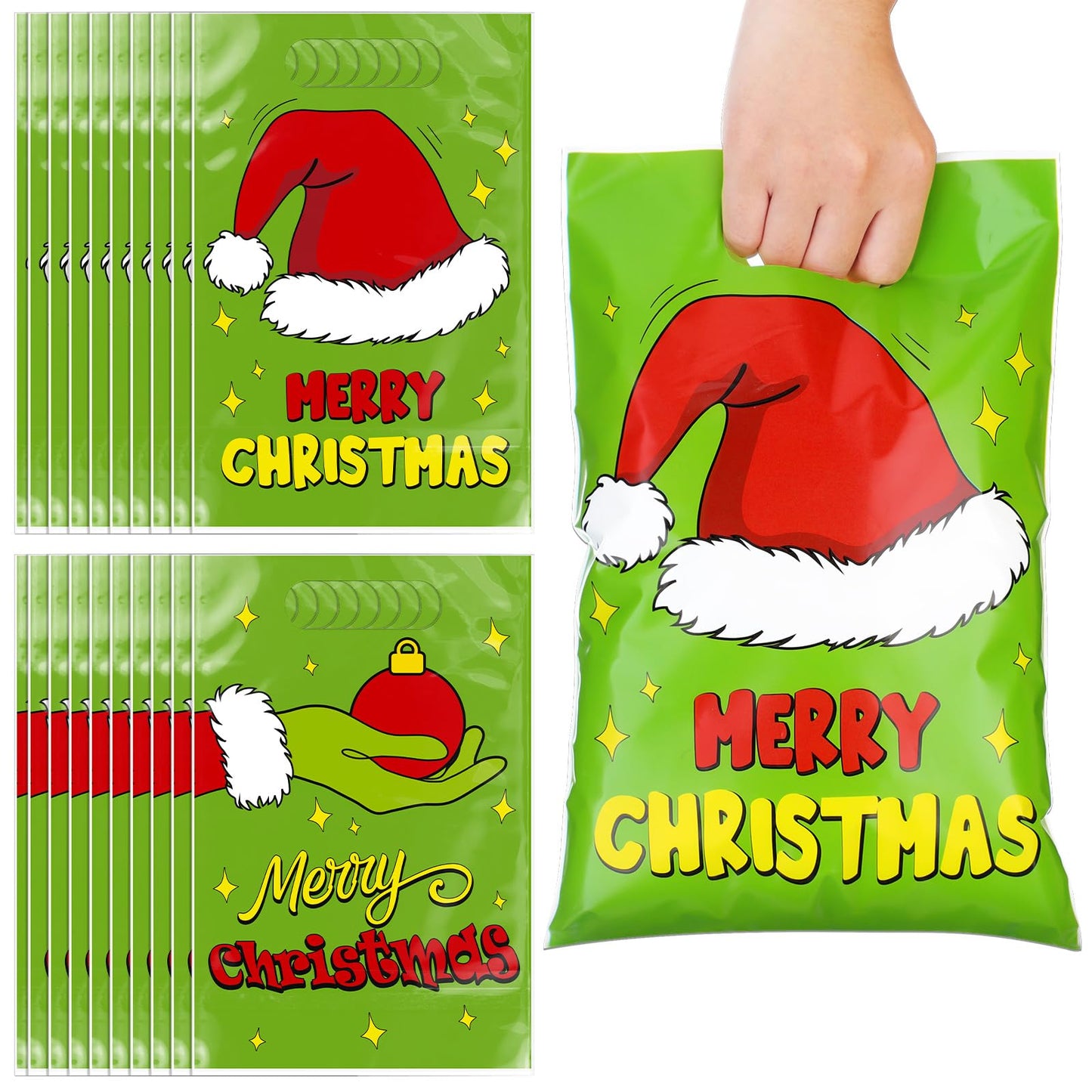 Supervitae 50 Pcs Merry Christmas Gift Bags with Handle Green Elf Xmas Goodie Bags Funny Cartoon Character Candy Bag for Xmas Snack Cookie Packing Party Favors