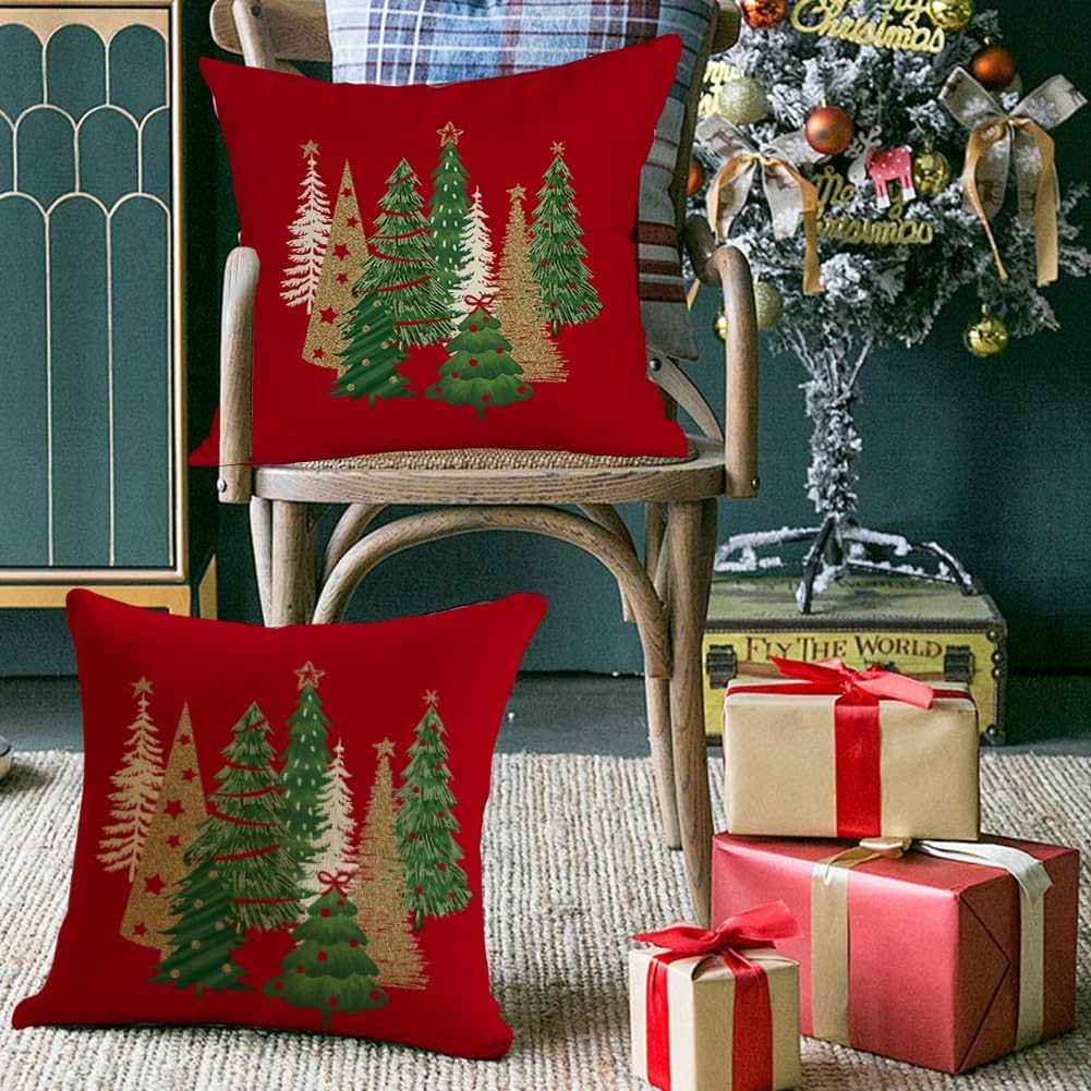 RABUSOFA Christmas Pillow Covers 18x18 Inch Tree Decorations Red Velvet Throw Pillow Cases Xmas Christmas Decor Winter Decorative Pillows for Couch Holiday Soft Gold
