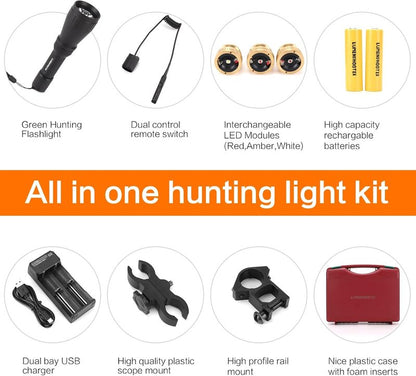Predator Hunting Flashlight Kit - Rechargeable Red, Green, White & Amber Light | Scope Rail Mount & 10-Hour Battery Life