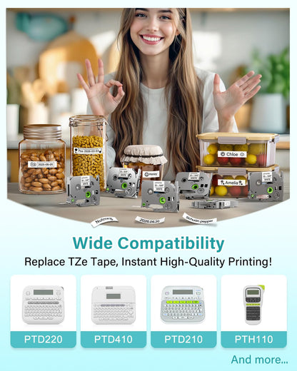 Label Maker Tape Compatible with Brother P-Touch Label Tape TZe-231 12mm 0.47 Laminated White TZ TZe TZe231 Black on White for PT-D220 D210 H110 D200 D400 1280 D610BT Refills 1/2" x 8m, 6-Pack