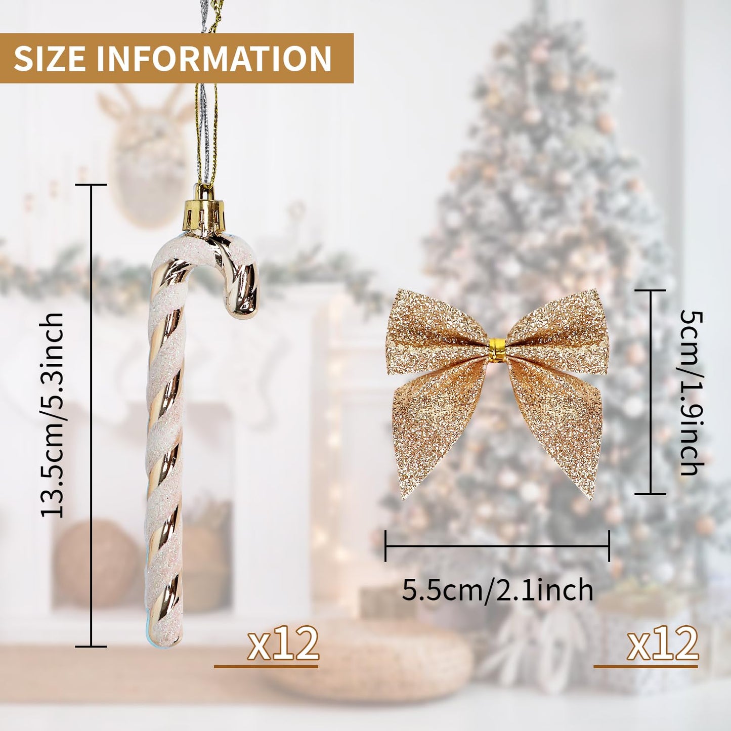 12 Pcs Candy Cane Christmas Decorations,5.5inch Glitter Candy Cane Bows for Xmas Tree Hanging Ornament Holiday Festival Party Home Decoration (Champagne)