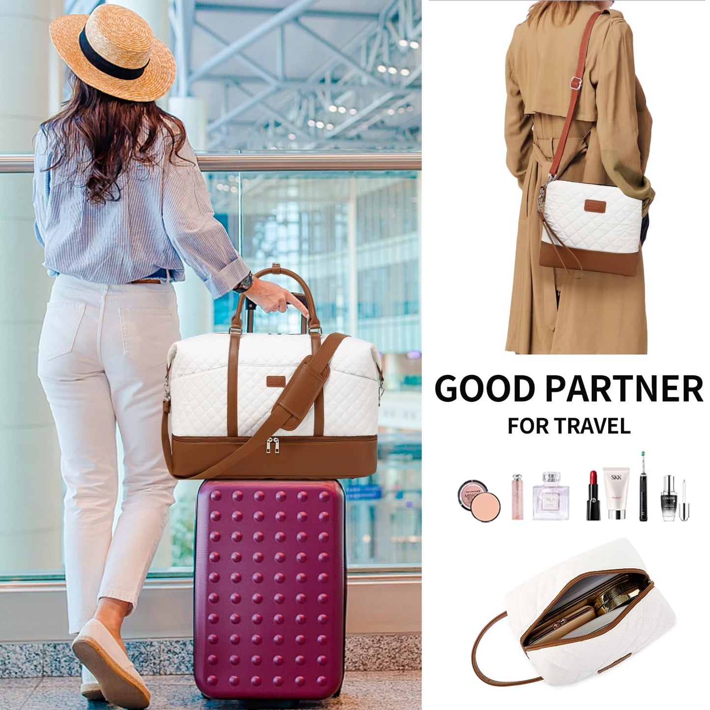 Weekender Bags for Women with Toiletry Bags Large Overnight Bags Travel Duffel Bag Carry On Shoulder Weekend Tote with Shoe Compartment and Wet Pocket for Girls Airplane Traveling, Gym