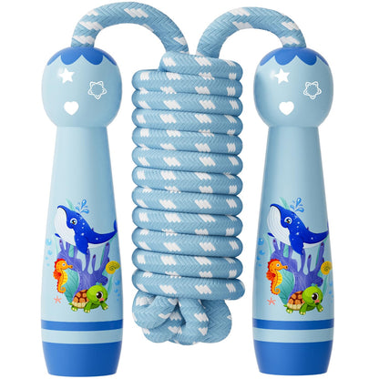 Jump Rope for Kids-Adjustable Cotton Braided Skipping Rope with Wooden Handle for Toddler Fitness Workout Exercise Outdoor Activity