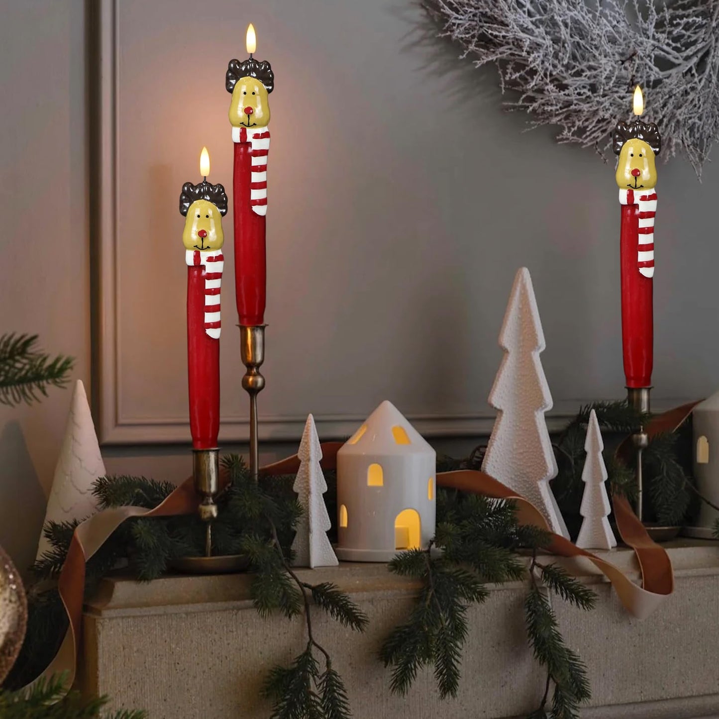 Lasumora Christmas Flameless Taper Candles with Remote Timer, 2 Pcs Hand-Painted Reindeer Sculpture Shape LED Candlesticks with 3D Flickering Flame for Home Décor Christmas Gifts