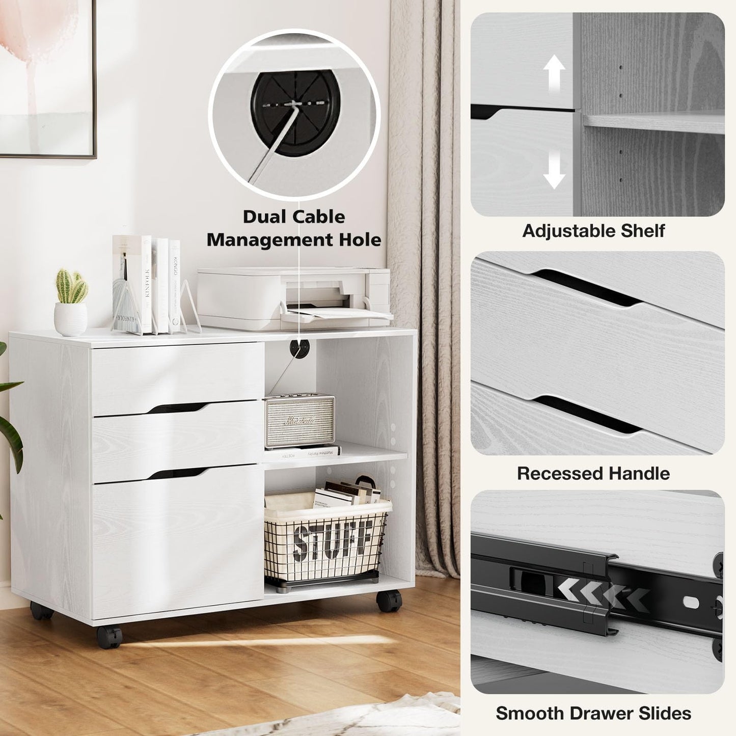 DUMOS Lateral File Cabinet with 3 Drawers Rolling Filing Cabinets Under Desk Storage Printer Stand Wood Organizer with Wheels Adjustable Shelf for Office Home Small Space, White