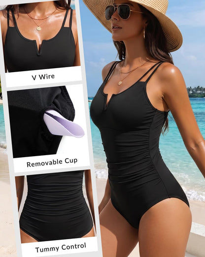 Yonique Womens One Piece Swimsuit Tummy Control - Slimming Bathing Suit V Wired Full Coverage 2025 Swimwear Black L