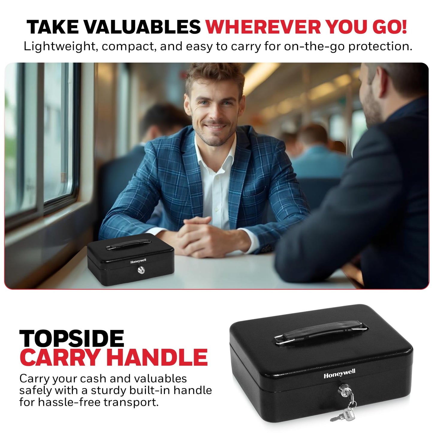 Honeywell Safes & Door Locks - Standard Small Cash Box with Removable Money Tray - Storage Under Tray & 5 Coin Slots - Durable Metal Safe with Key Lock - Saving Money Lock Box - Black, 0.14 CU - 6112