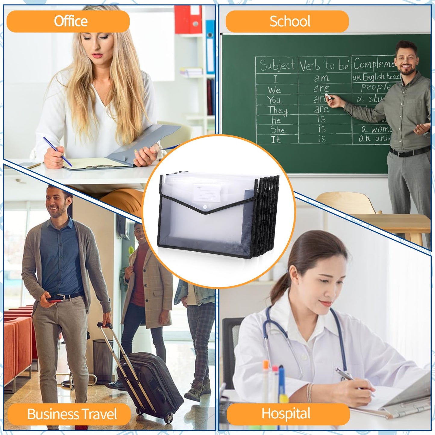 10-Pack Plastic File Folders Expanding Document Organizer with Snap Closure, Waterproof Transparent Pouch for Standard Letter Size Papers, Envelope Wallet with Card Slot & Durable PP Material