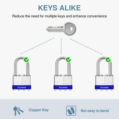 Puroma Lock 3 Pack Padlocks, 1-1/2” Long Shackle Heavy-Duty Locks with 6 Keys, 40mm Hardened Steel Keyed Alike Padlocks for Sheds, Gates, Fences, Toolbox, Outdoor and Indoor Use（Silver
