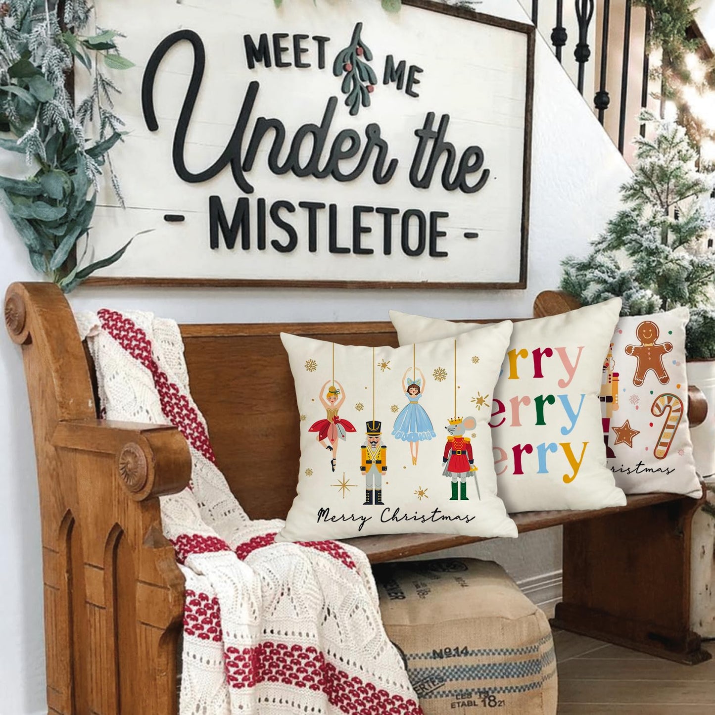 Christmas Pillow Covers 18x18 Inch Set of 4 Nutcracker Christmas Decorations Gold Gingerbread Merry Christmas Throw Pillow Cases Xmas Outdoor Winter Decor Decorative Pillows for Couch Holiday Party
